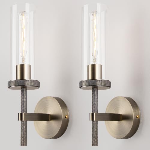 15" Knurled Bronze Hardwired Wall Sconces Set of 2 (Clear Glass / 15″-Bronze)