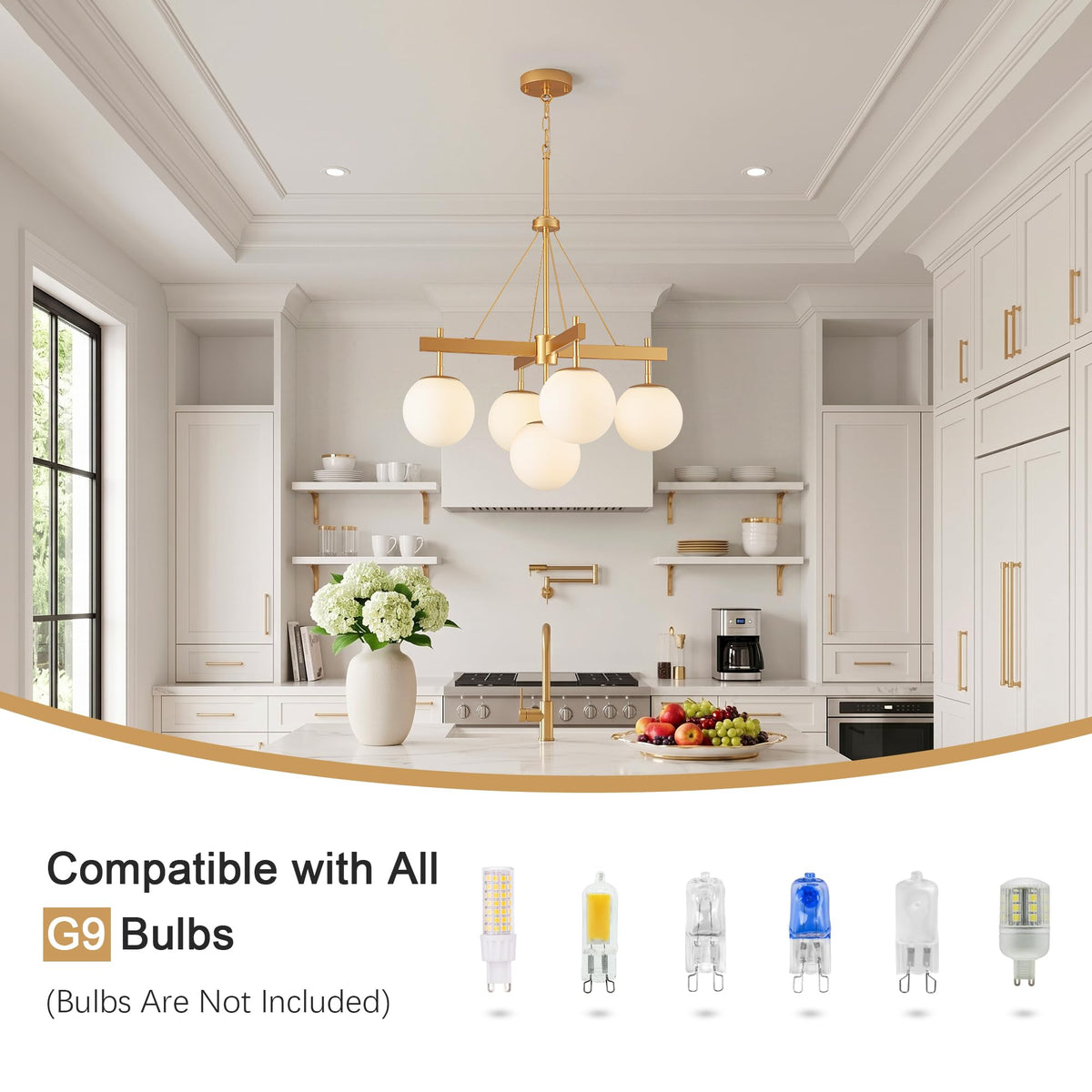 5 Light Gold Dining Room Chandelier (White and Gold)