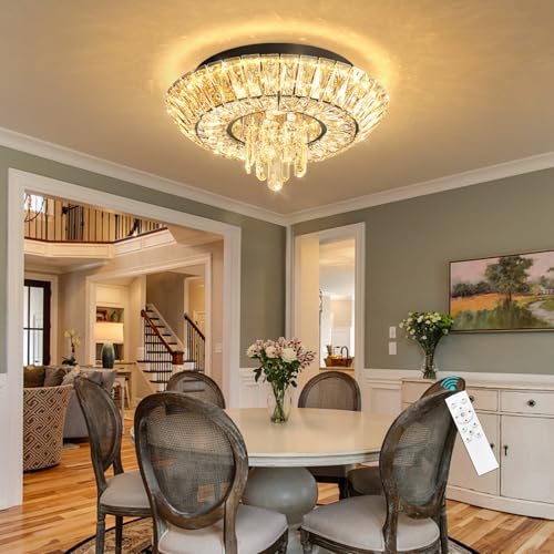 Crystal Chandelier Modern Round Ceiling Light Fixture LED Raindrop Chandeliers Dimmable with Remote for Dining Room Living Room Entryway Hallway Bedroom