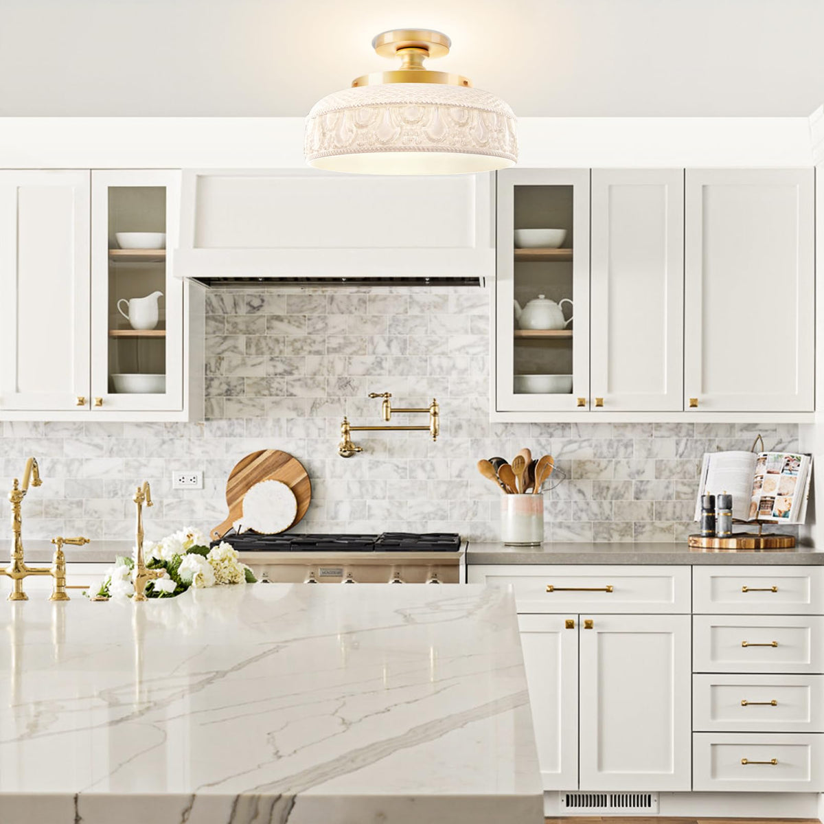 Semi Flush Mount Ceiling Light (White and Gold / 12.2'')