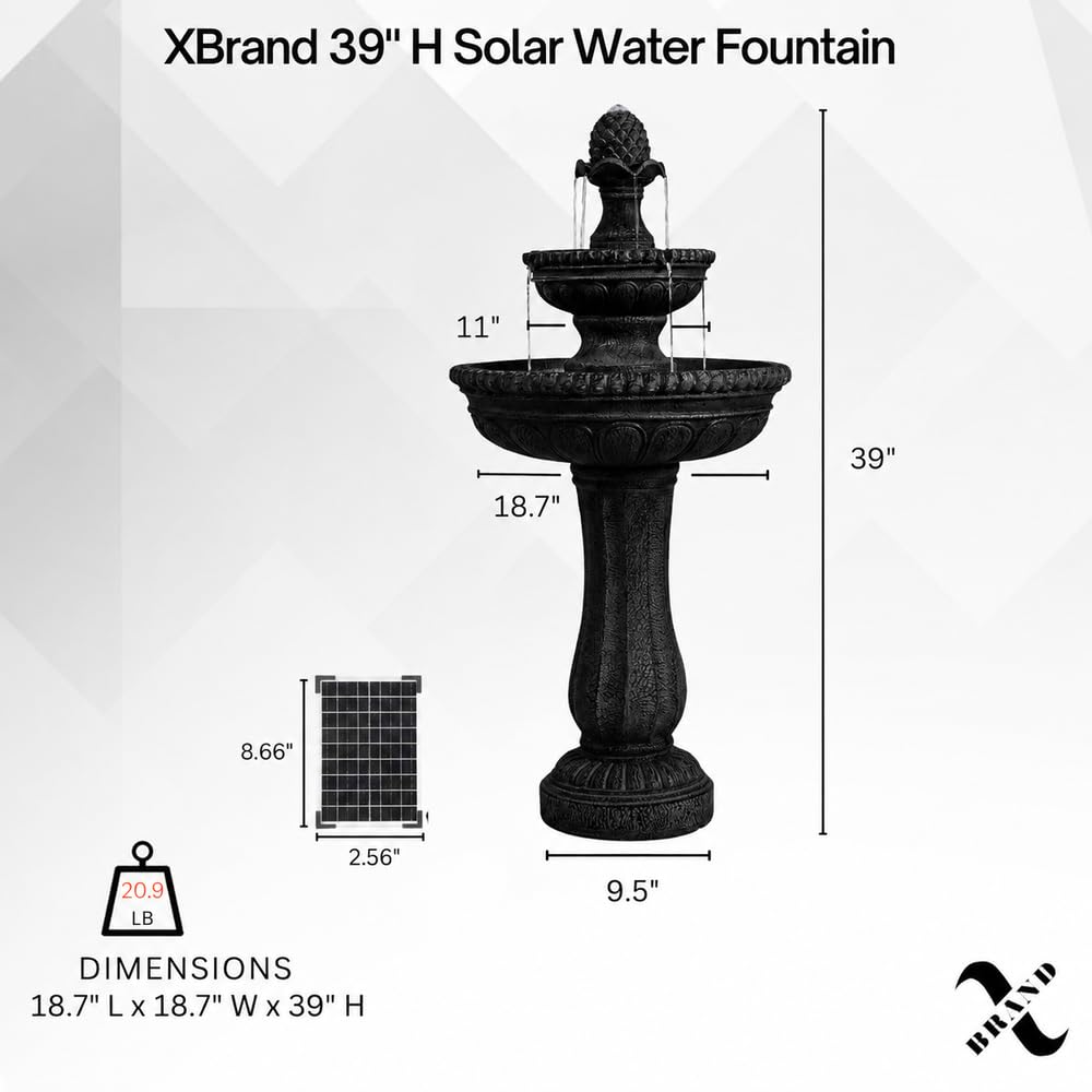 39" 2 Tier Outdoor Freestanding Solar Water Fountain (Black / 39" Height)