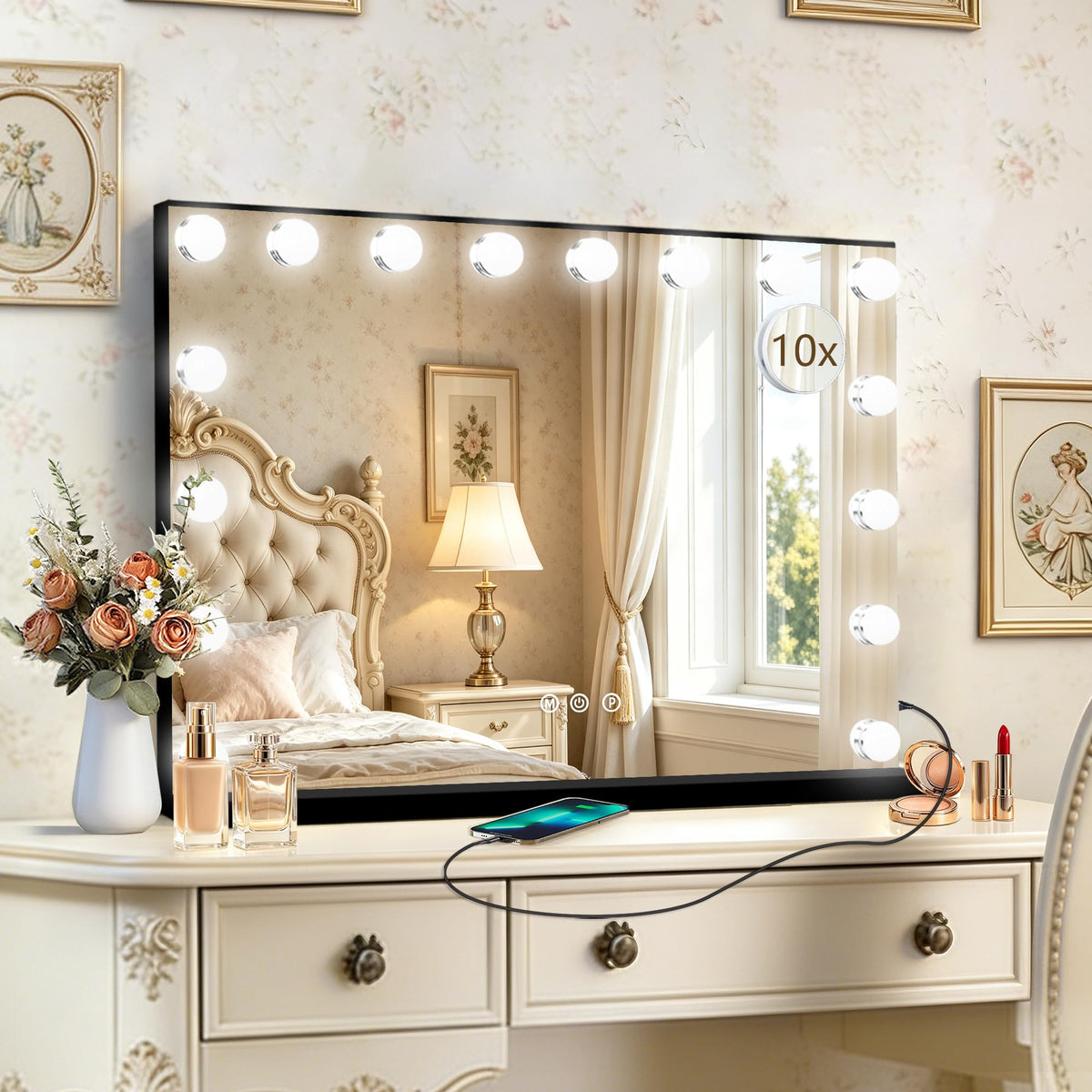 Black Hollywood Vanity Mirror with Lights (Black / 26"L x 20"W)