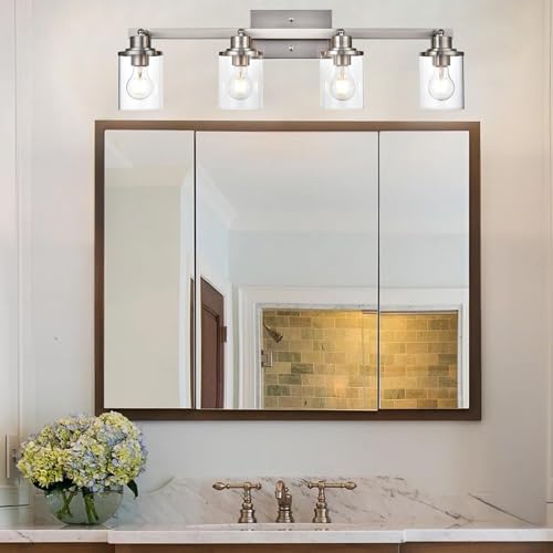 4 Lights Directional Ceiling Light Fixtures with Flexibly Rotatable Light Head Brushed Nickel Bathroom Lights Modern Complete Track Lighting Kits with Clear Glass Shade (Brushed Nickel / 4-Light)