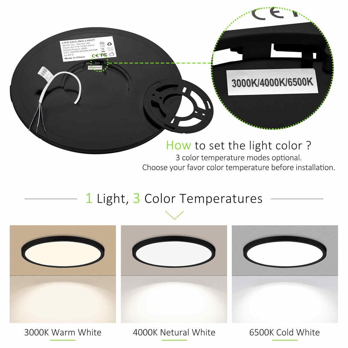 LED Flush Mount Ceiling Light 12in Thin 3CCT Black Wired (12Inch-6 Pack / Black)