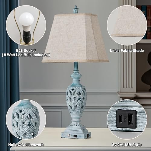 29.5" Touch Control Traditional Table Lamp Set of 2 with USB A+C (White Wash with Green Brush-1 / 29.5")