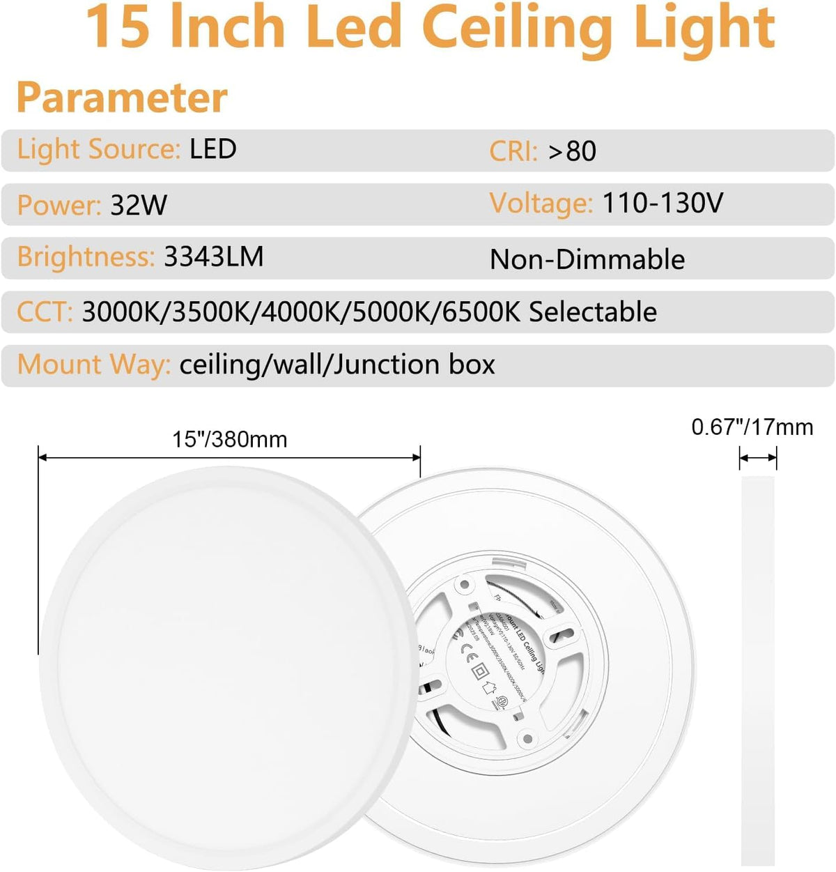 1PK 11.4 Inch LED Flush Mount Ceiling Light (White / 15")