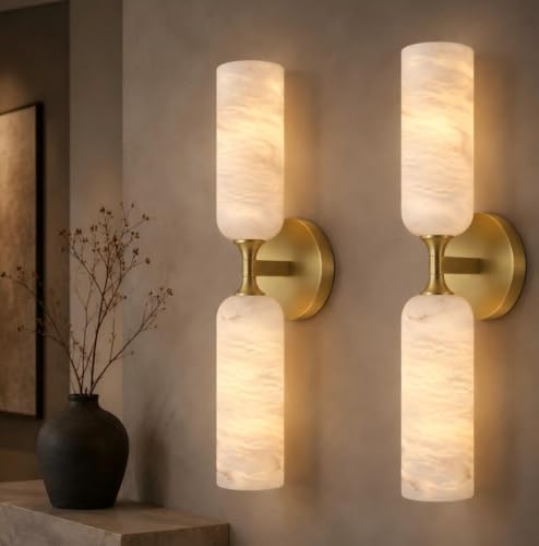 20in Alabaster Wall Sconces Set of Two (Brass)