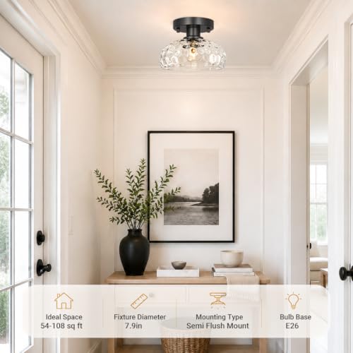 Elegant Black Semi Flush Mount Ceiling Light (Black & Hammered Glass / 8in)