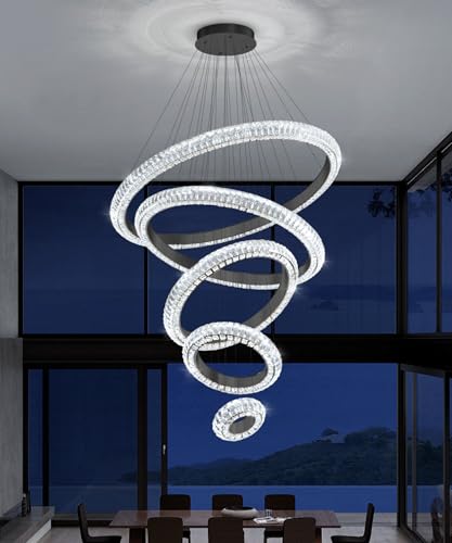 5 Ring Large Crystal Chandelier Modern LED Dimmable High Ceiling Chandelier Ring Contemporary Pendant Light Fixture for Living Room Foyer Staircase Gold D40'' (Black / 5 Ring Round 40")