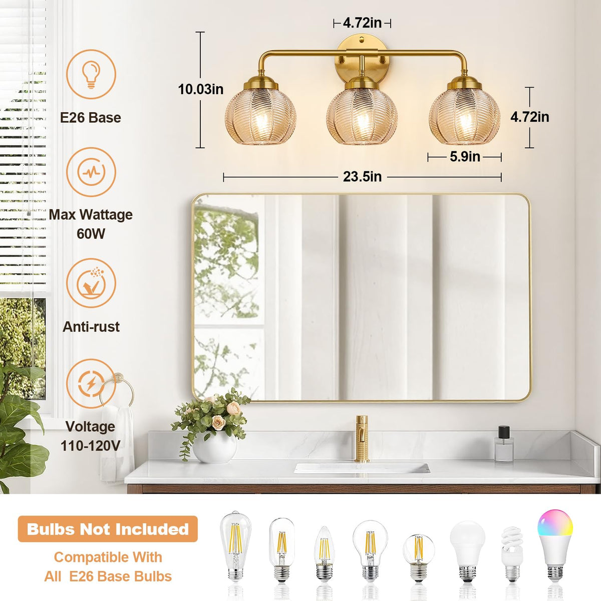 Bathroom Light Fixtures (Amber Glass-Brushed Gold / 3-Light)