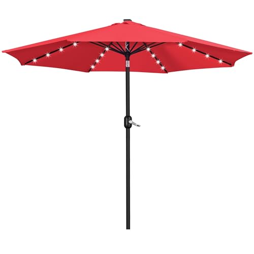 7.5/9/10/11FT Solar Patio Umbrella 32 LED Lighted Outdoor Table Market Umbrella with 8 Ribs/Tilt Adjustment and UV-Resistant