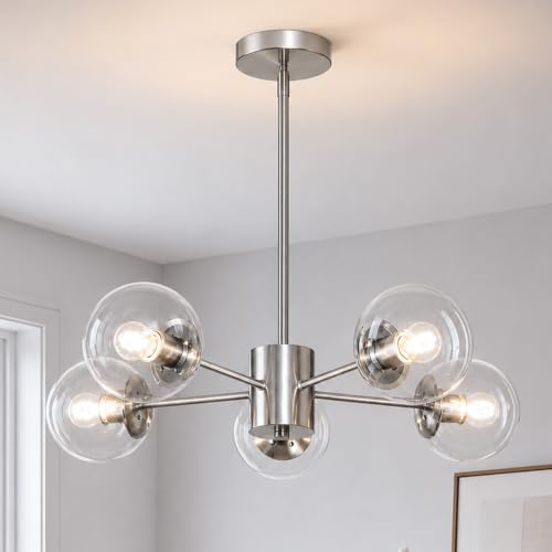 5-Light Mid-Century Modern Nickel Sputnik Chandeliers Dining Room (Clear, Nickel, S)