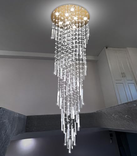 78'' Modern Crystal Chandelier High Ceiling Chandeliers for Entryway Large Raindrop Chandeliers LED Dimmable Flush Mount Light Fixtures for Staircaes Foyer Hallway Living Room LED Bulbs Included Gold (D24'' x H78'' Gold)