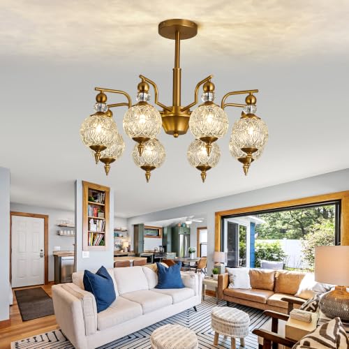 Vintage Gold Sputnik Chandelier 8 Lights Crystal Adjustable Hanging Ceiling Light Fixture Antique Large Pendant Lighting with Glass Globe Shade for Living Room Dinning Room Bedroom Kitchen (Gold / 8 light)