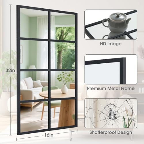Window Pane Wall Mirror Set of 2 (Black-rect / 16"L x 32" W)
