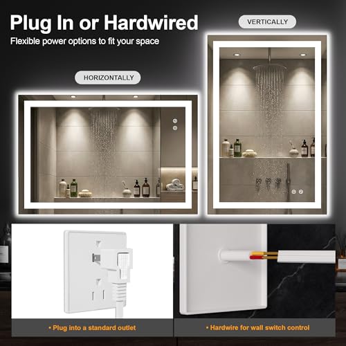 36x24 LED Bathroom Mirror with Lights (Rec Corner-3 Light Modes / 36"L x 24"W)