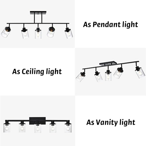 5 Light Adjustable Track Lighting Kit in Matte Black Semi Flush Mount Ceiling Light with 5 Rotatable Light Heads Modern Vanity Lights for Bathroom (Black / 5-Light)