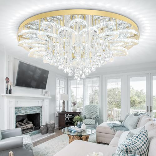 W48 Large Crystal Chandelier Crystal Flush Mount LED Gold Ceiling Light Fixture for Living Room Foyer Dining Room Hallway Dimmable 2700k 4500k 6000k (Gold / W:48inches)