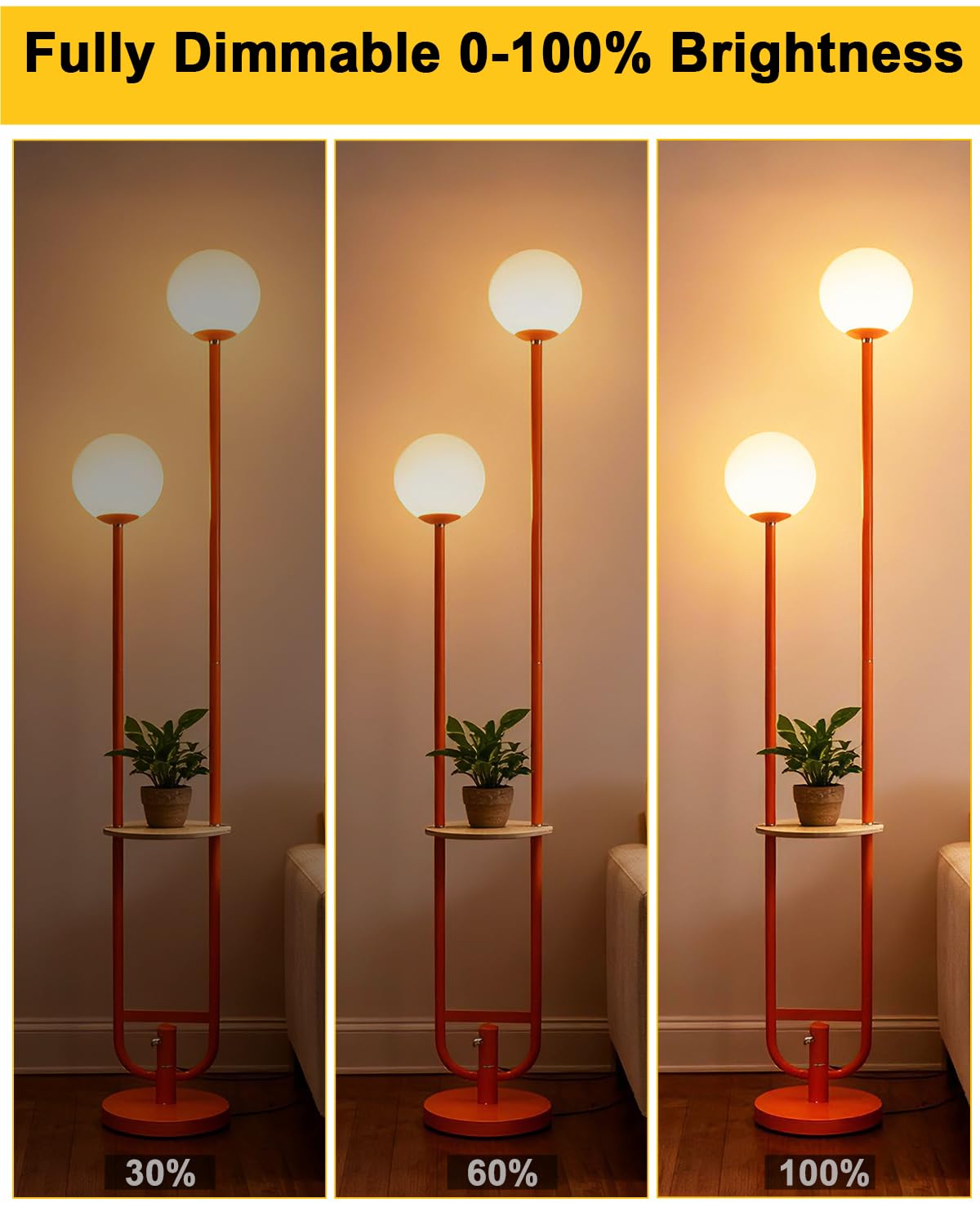 63IN 2 Globe Orange Floor Lamp Dimmable Tall Standing Lamps with Table 3000K Warm White Unique Modern Mid Century Floor Lamp with 5Lbs Heavy Base for Living Room Bedroom Home Office (Orange-2U)