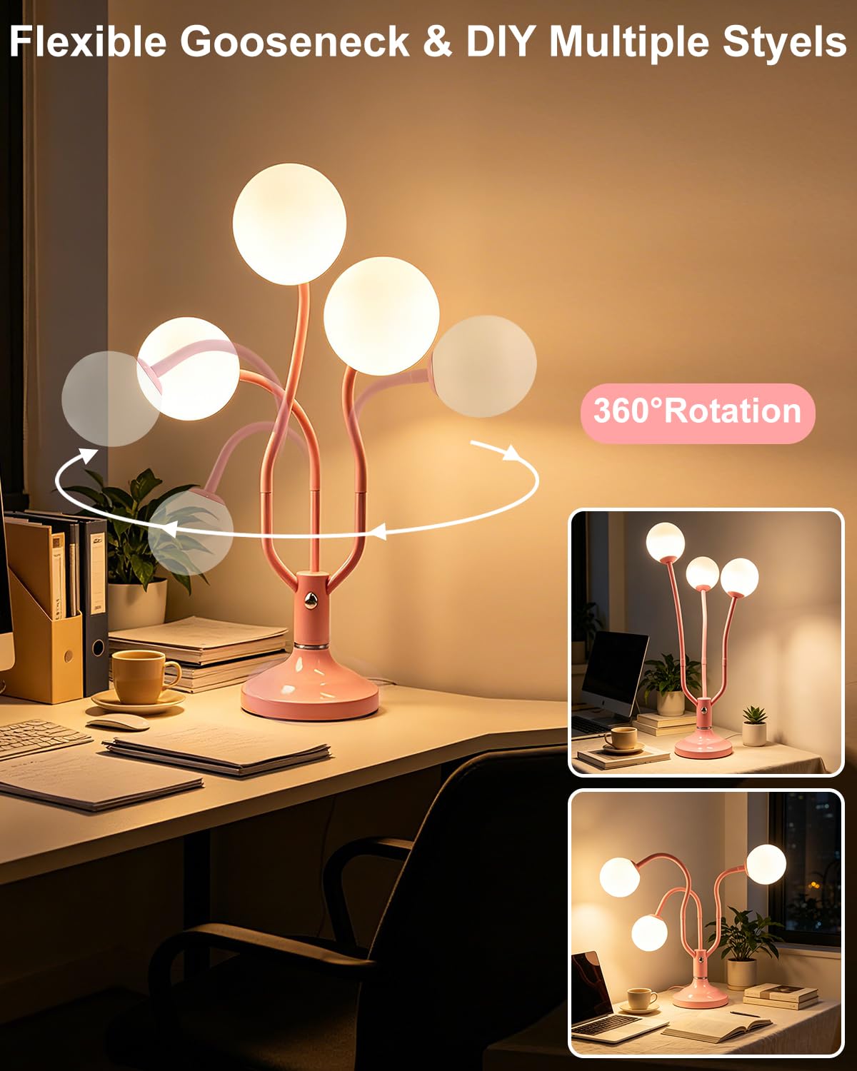 Globe Pink Table Lamp Dimmable Magic DIY Arms G9 Bulbs Included (11-Pink-Globe-3U-Magic DIY Arms)