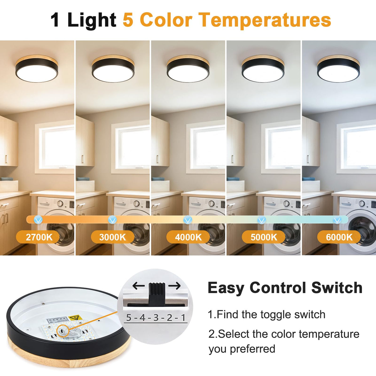 Dimmable LED Wood Black Round Flush Mount Ceiling Light 11.81 Inch (Black- Dimmable / 11.81 Inch)