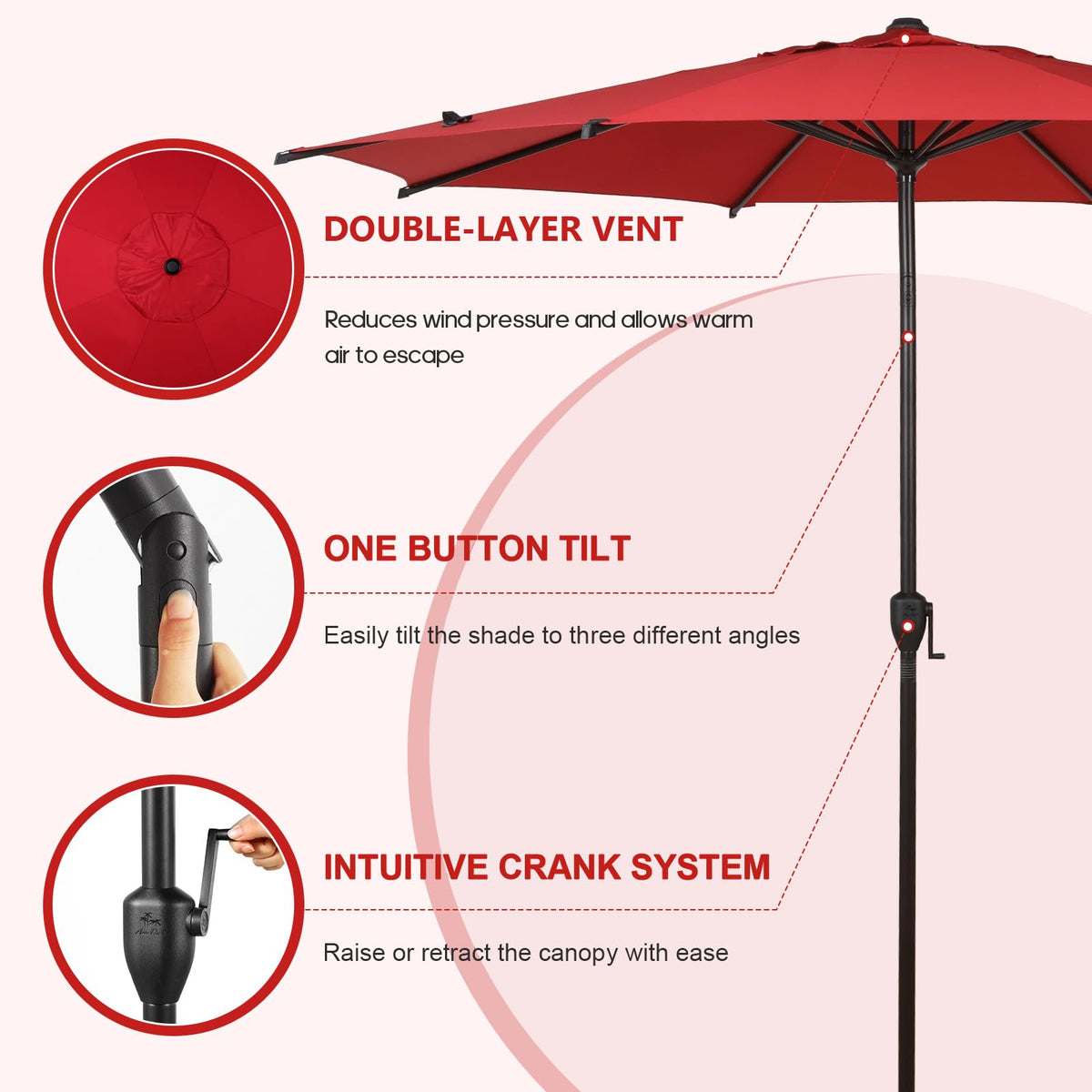 9FT Lyon Outdoor Patio Umbrella Outdoor Table Umbrella with Push Button Tilt and Crank Market Umbrella 8 Sturdy Ribs UV Protection Waterproof for Garden Deck Backyard Pool Dark Red (9 FT(8 Ribs) / Red)