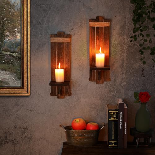 Handmade Wooden Candle Sconces Set of 2 Farmhouse Wall Decor (Brown / 5.3"L x 4.7"W x 16"H)