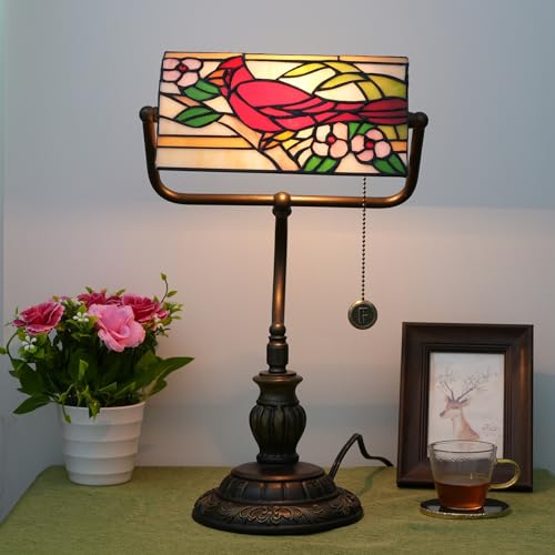 Northern Cardinal Bird Tiffany Bankers Desk Lamp Stained Glass Table Lamp Vintage Bedroom Bedside Office Study Pull Chain Reading Desk Light Gift Nightstand Aesthetic Antique Desklamp (Northern Cardinal Bird)