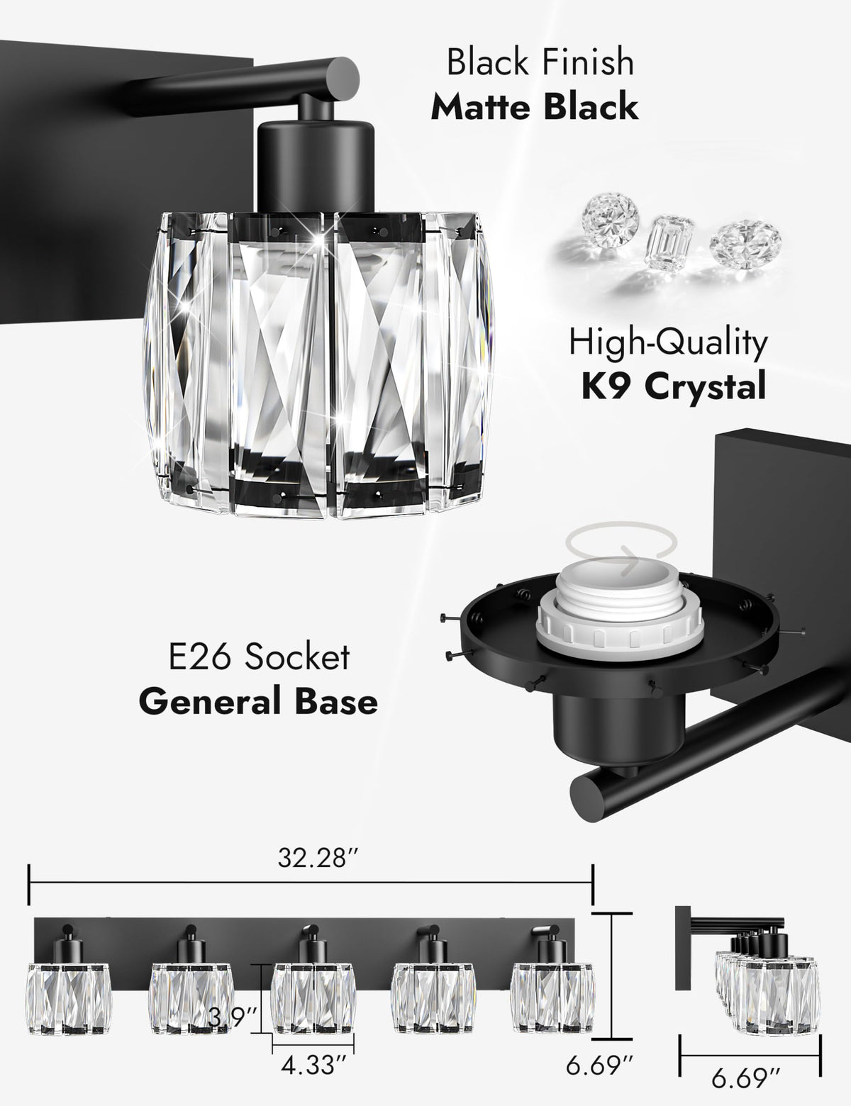 5 Light Crystal Bathroom Vanity Light Fixtures (Black-Round / 5 Light)