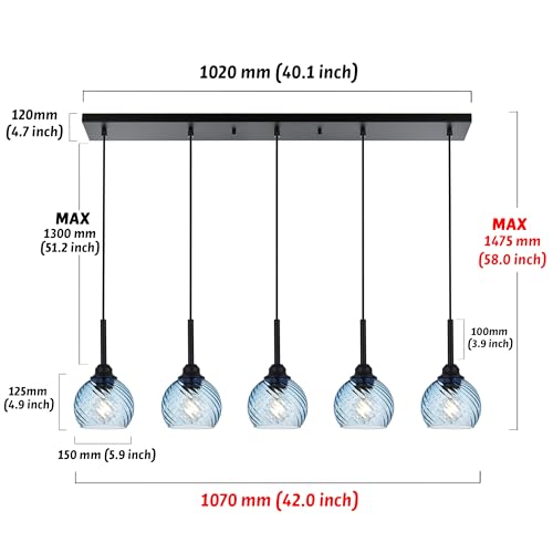 5 Light Island Lighting Fixtures Hanging with Blue Striped Swirl Globe Glass (Blue / 5-Light-Straight Bar)