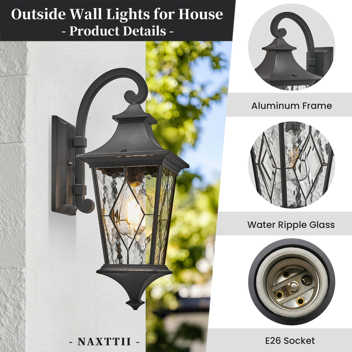 Outdoor Sconce Lights Black Porch Lights Outdoor Aluminum Waterproof Exterior Lighting Fixtures with Water Ripple Handmade Solder Glass E26 Socket (Black / 14.6inch)