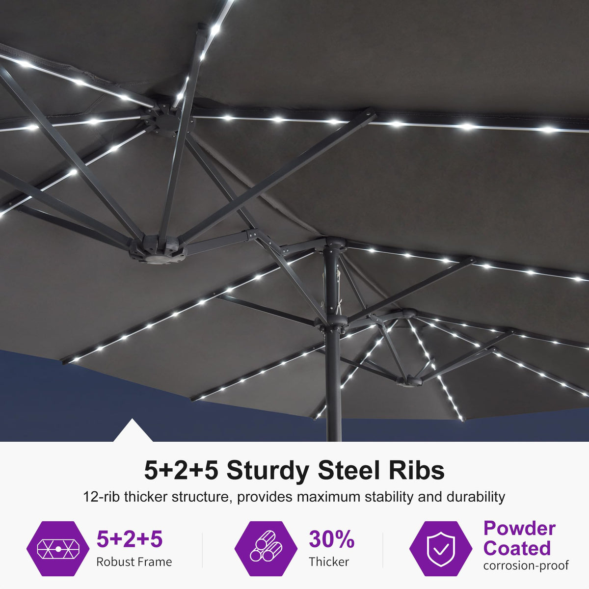 Patio Umbrella 14ft with Base and Solar Lights Outdoor (Grey)