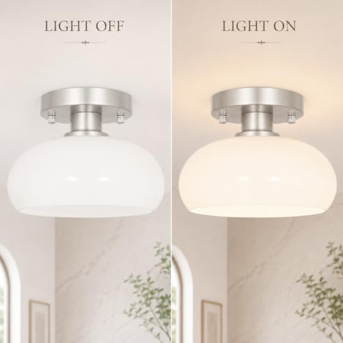 Mid Century Brushed Nickel Ceiling Light Fixture (Nickel & White Glass / 8in)