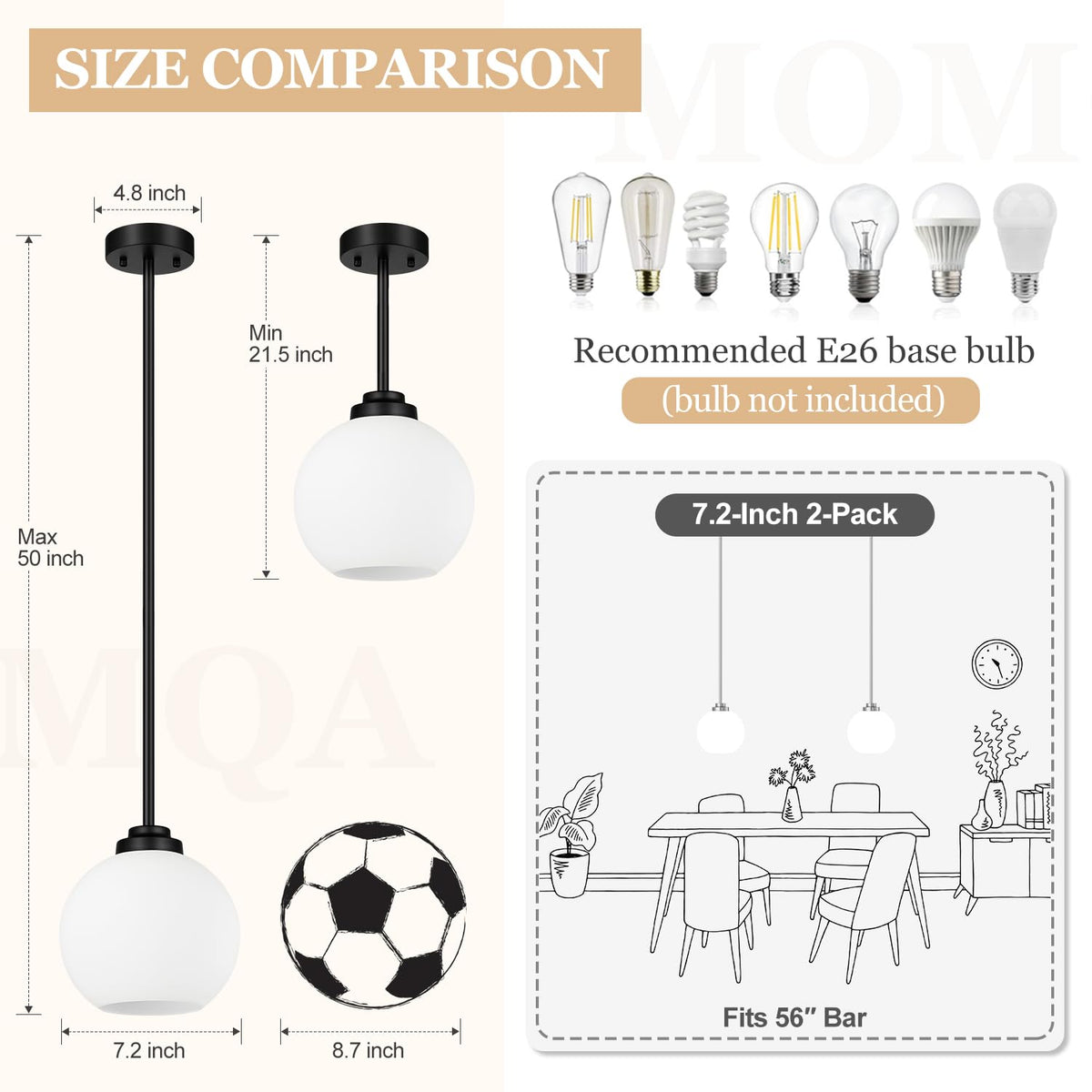 2 Pack Modern Globe Pendant Lights Kitchen Island Milk Glass (Matte Black + Milky White Glass 2 Pack)