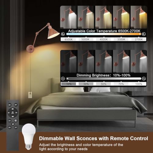 Dimmable Wall Sconce (Walnut color / 2 Pack- (Remote+Bulbs))