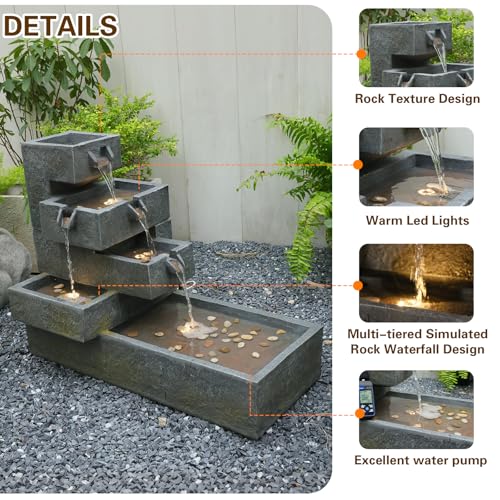 26" H Outdoor Water Fountain with 4 Tiers Cascading Rock Texture (49.5H / Deep Gray)
