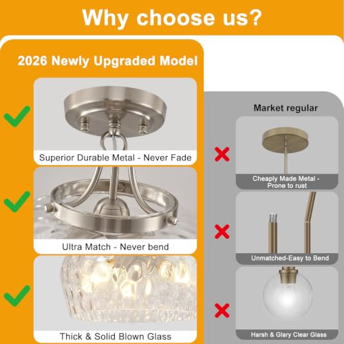 Modern Pendant Lights Kitchen Island (3-Light-Brushed Nickel-Clear Hammered Glass-14.2"(Easy To Install))