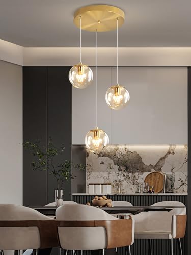 3 Light Modern Gold Pendant Light Hanging Fixture Light for Kitchen Island Mid Century Globe Pendant Light Glass Chandelier for Living Room Bedroom Entryway (Gold-Clear / Globe 3-Light)