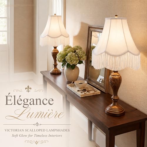 2 Pcs 6 x 13 x 10 Inch Scalloped Lamp Shades with Fringe Trim White Vintage Victorian Bell Lampshades Replacement Fabric Natural Tapered Lampshades Nordic Decor for Wall Sconce Pendant Light (White / 6 x 13 x 10 Inch)