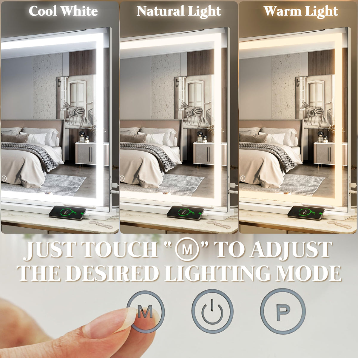 Large Vanity Mirror with Lights (White / 40"L x 28"W)