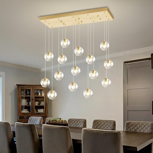 Glass Chandelier LED Modern Gold Pendant Light Globe Ceiling Light 16 (Gold-Clear / Rectangle 16-Light)