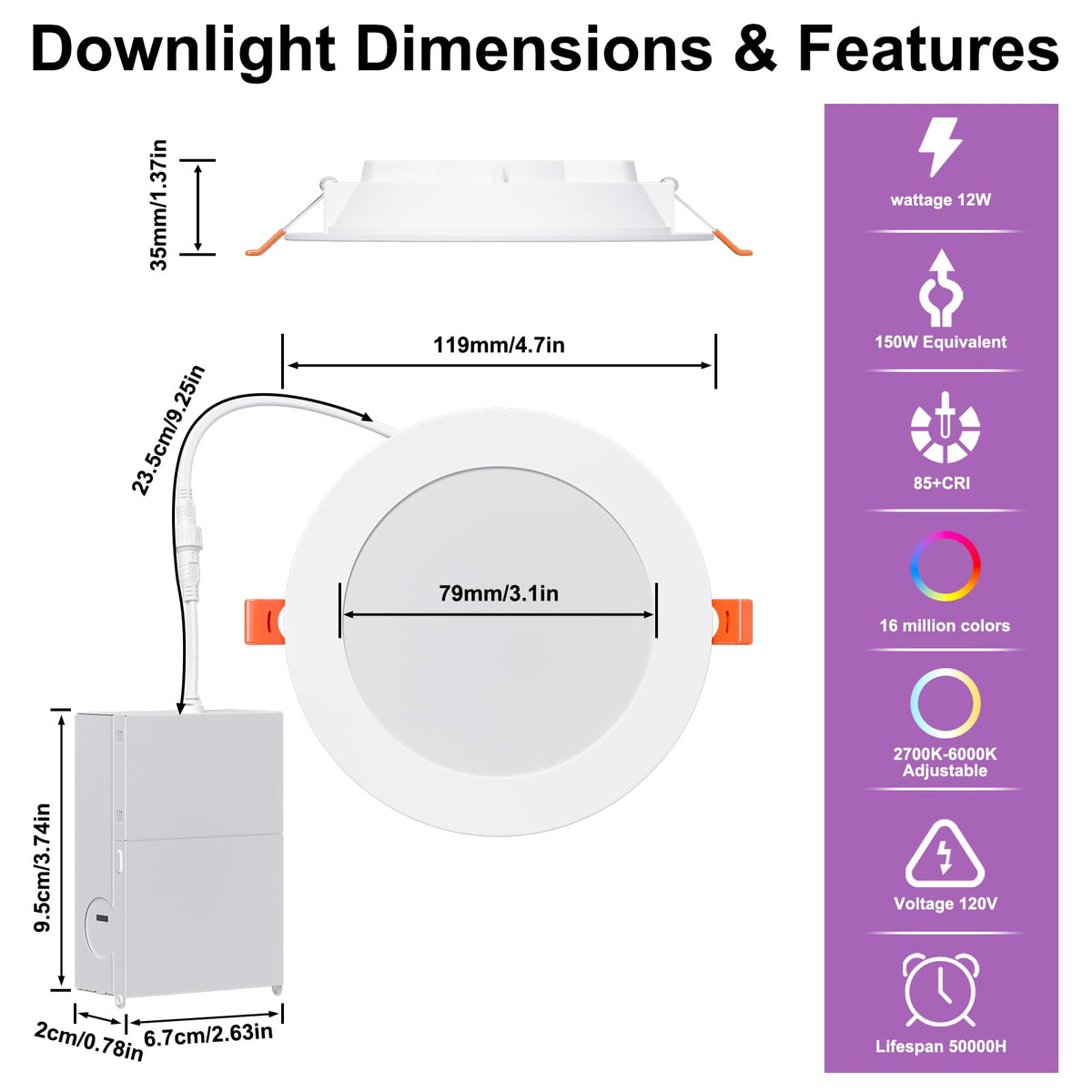 Smart Recessed Lighting 4 Inch RGBCW Color Changing 12W LED Downlight with Junction Box (4in 1pack / 1pack White shell-RGB&5CCT)