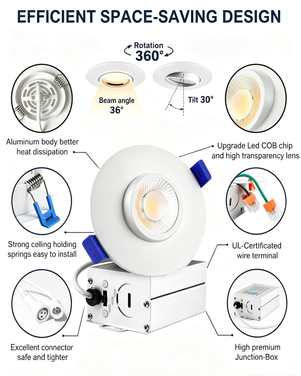 6 Packs 3 Inch Gimbal Led Recessed Light with Junction Box 10w (White 3CCT / 3in 6pack)