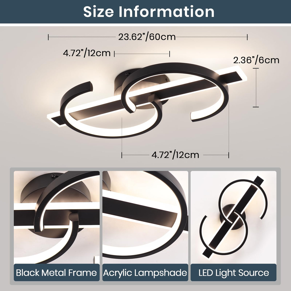 Modern LED Ceiling Light 60W Black Hallway Light Fixtures 4000K Aluminum Long Flush Mount LED Ceiling Lamp for Hallway (Black,17.7Inch)