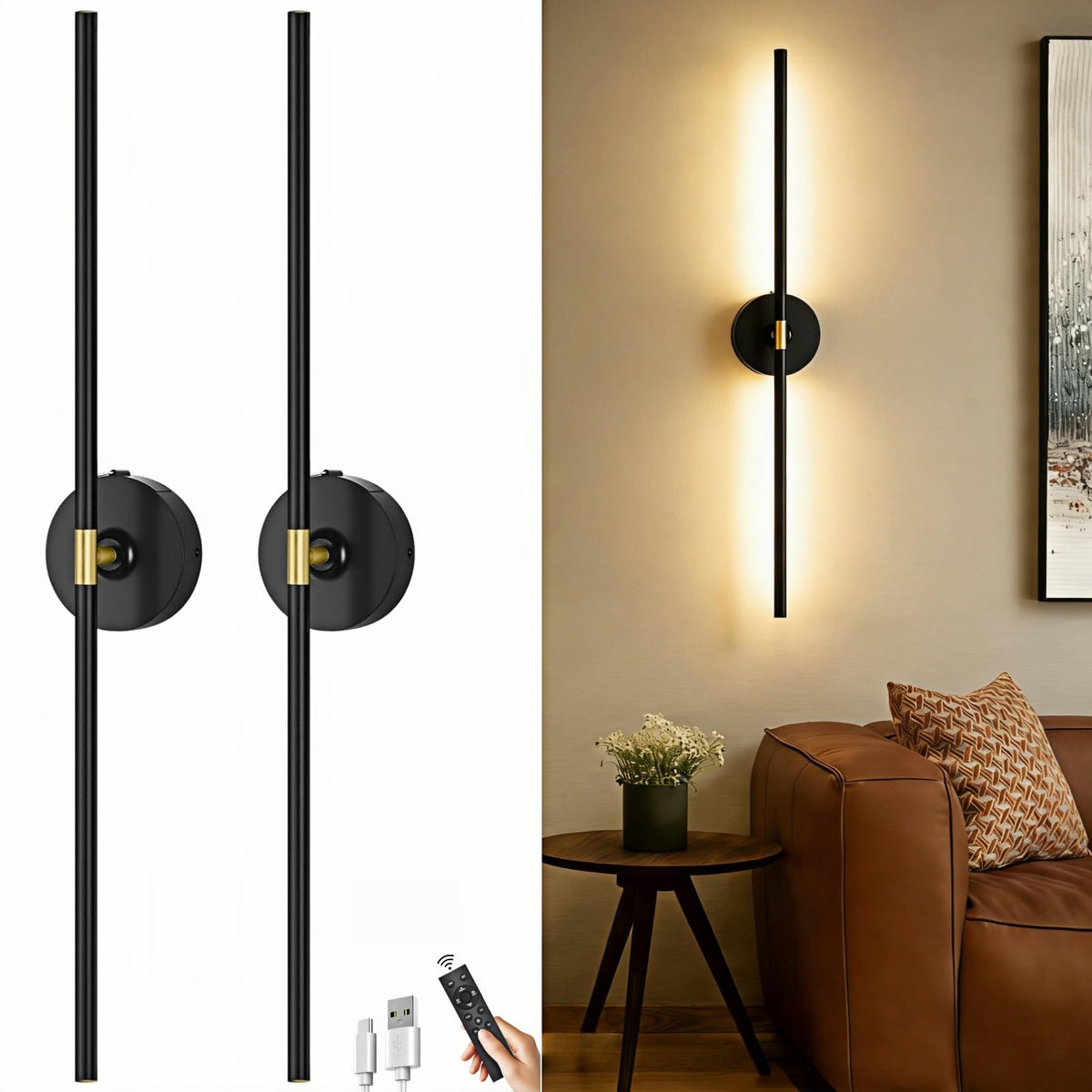 Battery Operated Wall Sconce Set of 2 (Black / Set of 2)