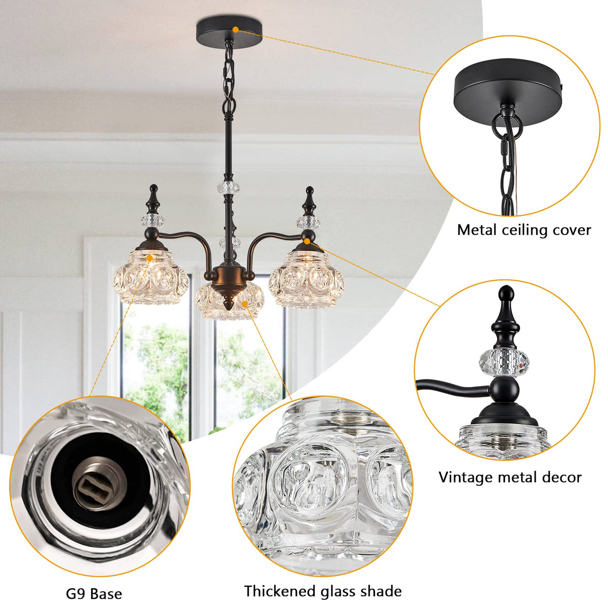 Modern 3 Light Chandeliers Black Kitchen Island Pendant Light for Farmhouse Living Room Bedroom Hotel (3-Light / Black)