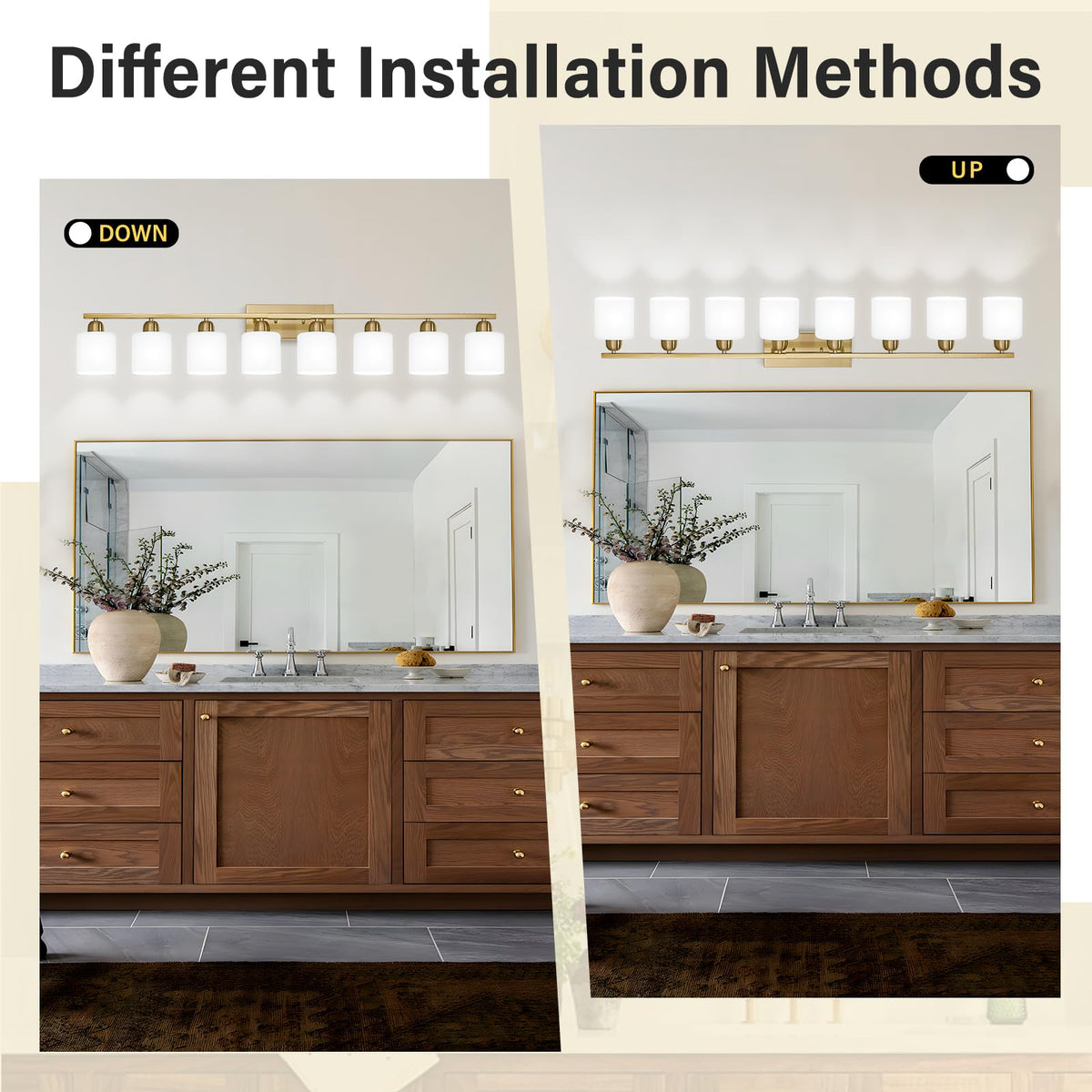 8 Light Bathroom Light Fixtures Gold for Big Mirror (Gold & Milky White Glass / 8-Light)