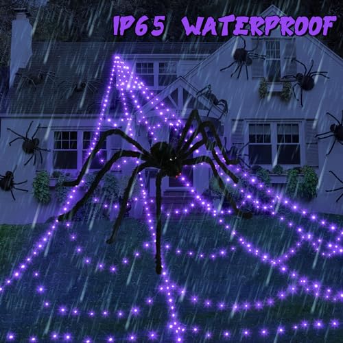 Halloween Spider Web Lights Decoration 455 LED Spider Webs Halloween Decorations Outdoor with 59" Large Spider & 3.53 oz Stretch Cobweb 16.4 Ft Light Up Giant Spider Web with 8 Modes & Timer
