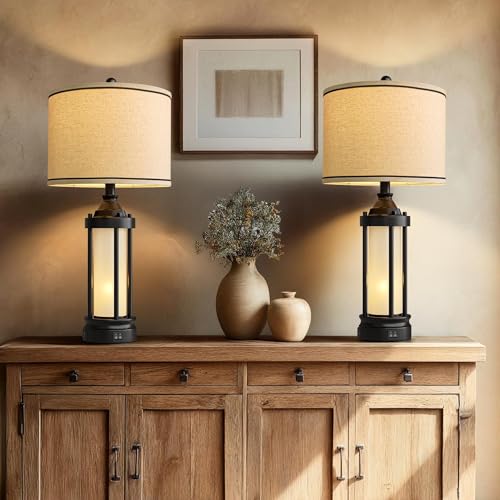 25'' Table Lamps for Bedroom Living Room Lamps Set of 2 Farmhouse Nightstand Bedside Lamps with USB Ports (Black & Beige)