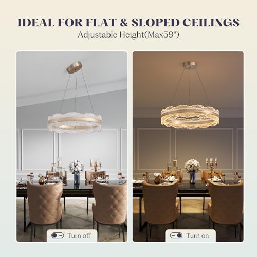 Gold Chandelier Light Fixture 23.6" Modern Led Chandelier 3 Colors Dimmable Chandeliers for Dining Room Contemporary Pendant Ceiling Light for Kitchen Island Bedroom Living Room with Remote Control (Gold D 23.6'')